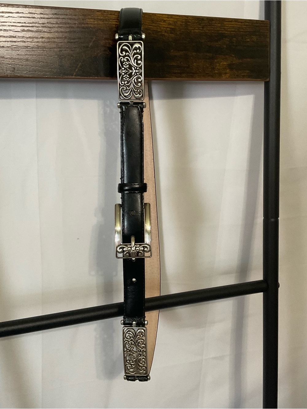 Black Leather Boho Western-Inspired Belt with Silver Filigree Buckle Size Large